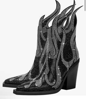 Arqa Western Rhinestone Ankle Boot  Chunky Heel Cowboy Boot Black Suede - NEW